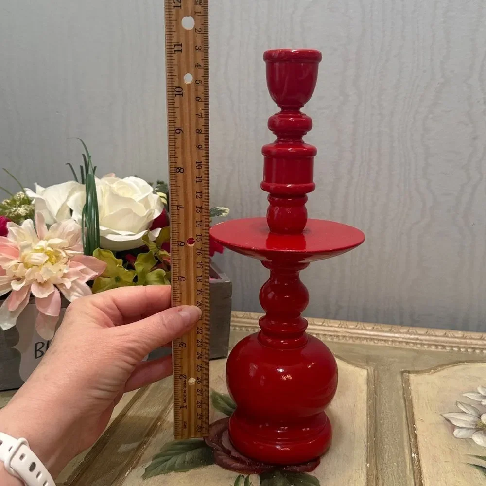 Vintage 70s Red Wooden Turned Sculptural Candle Holder Bobbin Bulbous MCM